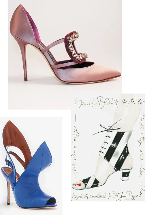 Слева направо: босоножки Manolo Blahnik весна-лето 2013, туфли Manolo Blahnik весна-лето 2015, босоножки Manolo Blahnik 1976–77 Слева направо: босоножки Manolo Blahnik весна-лето 2013, туфли Manolo Blahnik весна-лето 2015, босоножки Manolo Blahnik 1976–77