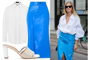 Сочетайте белую рубашку с юбкой из цветной кожи