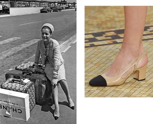 Роми Шнайдер в туфлях Chanel, 1974 год; деталь показа Chanel осень-зима 2015 Роми Шнайдер в туфлях Chanel, 1974 год; деталь показа Chanel осень-зима 2015