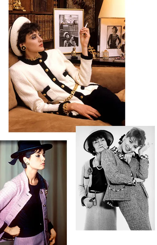 Слева направо: модель в классическом твидовом костюме Chanel, 1960 год; Инес де ля Фрессанж в апартаментах Chanel, 1981 год; Коко Шанель и Сьюзи Паркер, 1959 год Слева направо: модель в классическом твидовом костюме Chanel, 1960 год; Инес де ля Фрессанж в апартаментах Chanel, 1981 год; Коко Шанель и Сьюзи Паркер, 1959 год